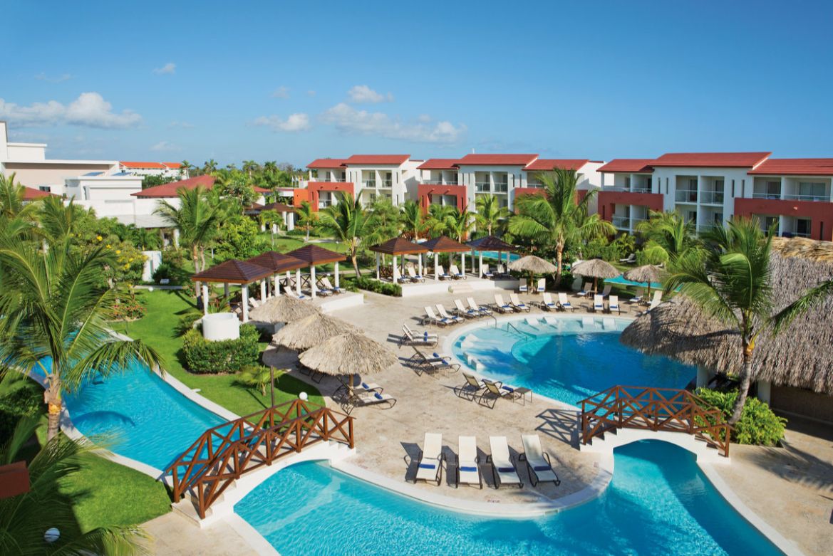 Aerial View of the Pool and Garden Area of the all inclusive hotel Now Larimar in Punta Cana, Dominican Republic